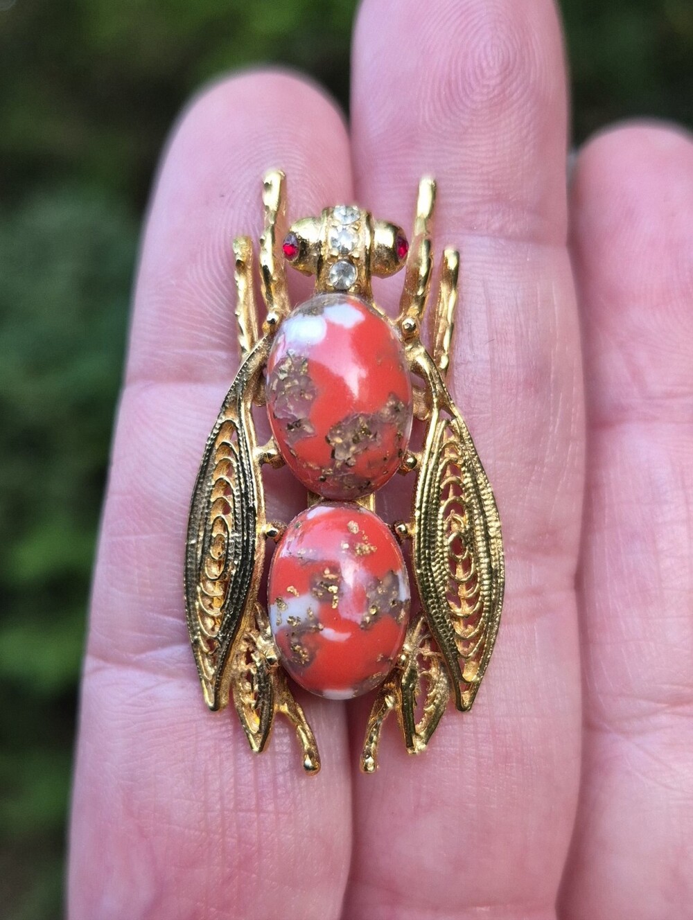 Vintage Bug Flying Insect Brooch Confetti Foil Filigree Rhinestones Cicada 50s